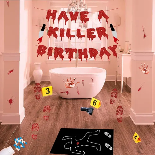 Vista 6 de Kit de decoración de escena del crimen de Halloween, cartel de cumpleaños con texto en inglés "Have a Killer", silueta corporal, cinta de escena