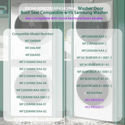 Vista 4 de DC64-00802B Junta de junta de junta de arranque de puerta de lavadora Samsung WF210ANW/XAA WF218ANW/XAA WF220ANW/XAA WF331ANW/XAA WF328AAW/XAA