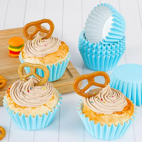 Vista 2 de Caperci Forros para cupcakes mini azules resistentes a la grasa 200 unidades - Tazas para hornear muffins de papel resistente, inodoro, no necesita