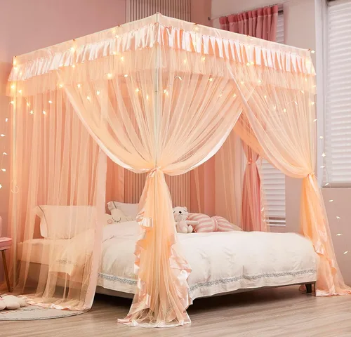 Vista 26 de Mengersi Cortinas de cama con dosel tamaño Queen – Cortinas de dosel de cama – Toldo de 4 aperturas para cama – Lindo regalo de decoración de Morado