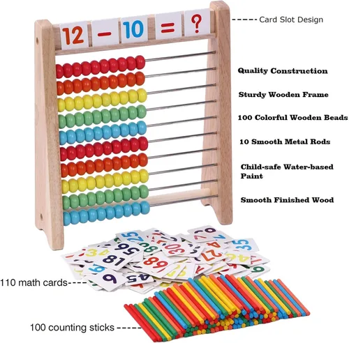 Vista 3 de Ábaco de madera para niños – 100 palos de conteo y tarjetas de juguetes de números del 1 al 100, juegos educativos de matemáticas para preescolar