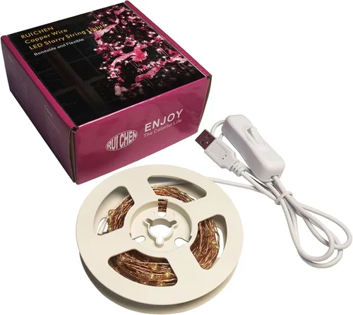 Vista 9 de RUICHEN Guirnalda de luces USB de 20 pies, 120 luces LED con interruptor de encendidoapagado, luces de alambre de cobre impermeables