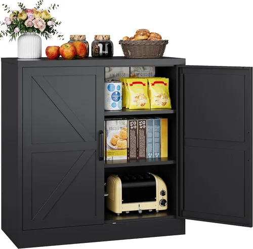 Armario de almacenamiento negro con puertas y estantes ajustables, gabinetes de despensa de alimentos de granja de 36 pulgadas de alto, armario