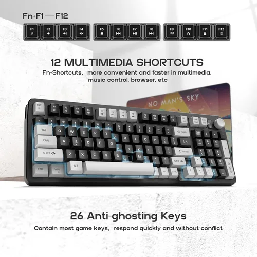 Vista 3 de Teclado para juegos con cable al 96%, teclado silencioso de membrana cremosa con teclado numérico y perilla de volumen, teclado USB iluminado