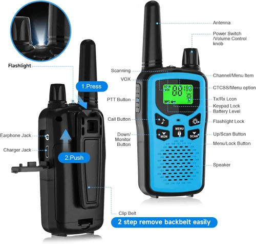 Vista 4 de Walkie Talkies 2 Pack Long Range, Rechargeable Walkie Talkie for Adults VOX with 22 FRS Channels, 99 Privacy Codes 2 Way Radio,1200mAh Li-ion