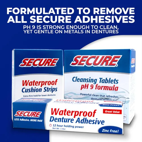 Vista 6 de Secure Tiras adhesivas para prótesis – Sin zinc – Resistente al agua – Cómodo ajuste de cojín para bajores – Extra firme durante todo el día – Sin