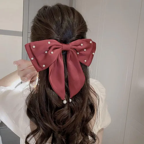 Jumwrit Lazo grande para el cabello, pasador grande, lazo de perla blanca, lazo sólido con lazo, pasador francés, accesorios para el cabello vintage