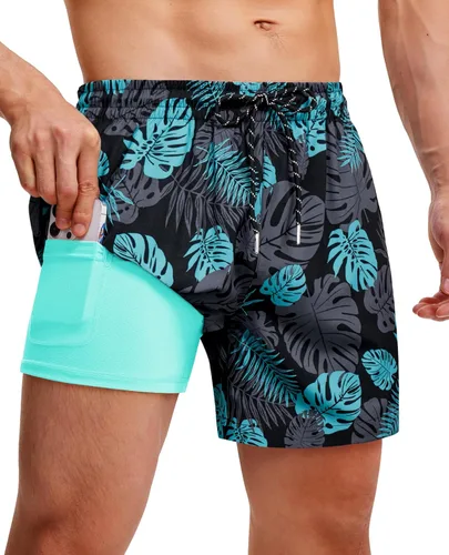 Vista 26 de Gleeease Traje de baño para hombre de 5 pulgadas con forro de compresión, 2 en 1, elástico, de secado rápido, bolsillos divertidos con cordón