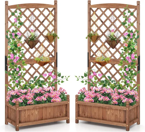 Vista 22 de Giantex Cama de jardín elevada con enrejado, maceta de madera de 72 pulgadas para exteriores con techo de pantalla de privacidad, maceta de jardín