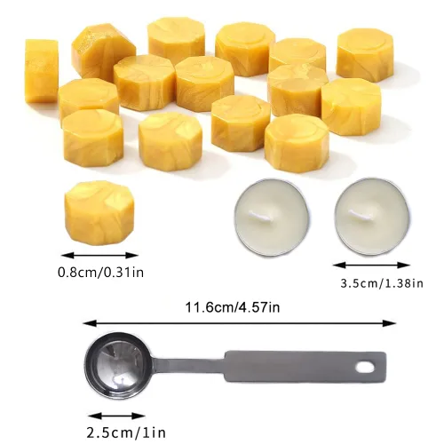 Vista 3 de Cuentas de cera de sellado, 350 cuentas de cera negra con 2 velas blancas y 1 cuchara para derretir cera, ideal para invitaciones de boda, paquetes