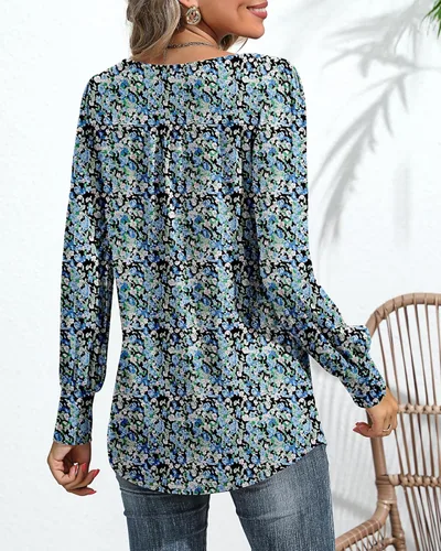 Vista 2 de Blusa plisada de manga larga abombada para mujer, cuello redondo, elegante, casual, holgada, para verano y otoño