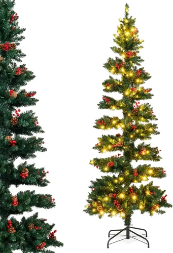 DORTALA Árbol de Navidad de Lápiz Preiluminado de 7 Pies, Árbol de Navidad Artificial Delgado en Espiral con 220 Luces LED Blancas Cálidas, 791
