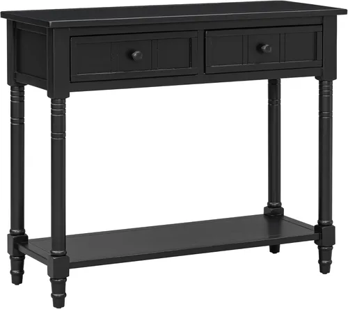 Vista 31 de P PURLOVE Mesa consola de madera con 2 cajones y estante inferior para dormitorio (azul marino)