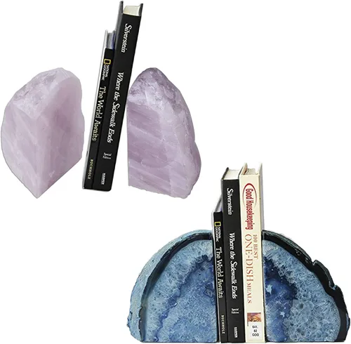 AMOYSTONE Sujetalibros de cuarzo rosa de 4 a 6 libras y sujetalibros de ágata azul pequeño de 2 a 3 libras