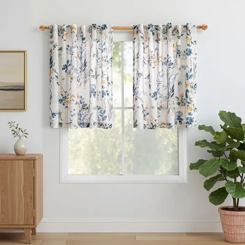 Vista 2 de MYSKY HOME Cortinas de cocina florales de lino de 36 pulgadas de largo, juego de 2 paneles sobre el fregadero, cortinas de media ventana