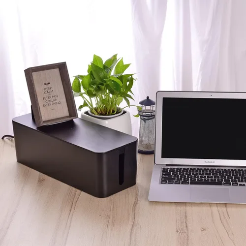 Vista 7 de Caja organizadora de cables, juego de tres, cubierta de alimentación, soporte de cables, protector contra sobretensiones para escritorio (negro)