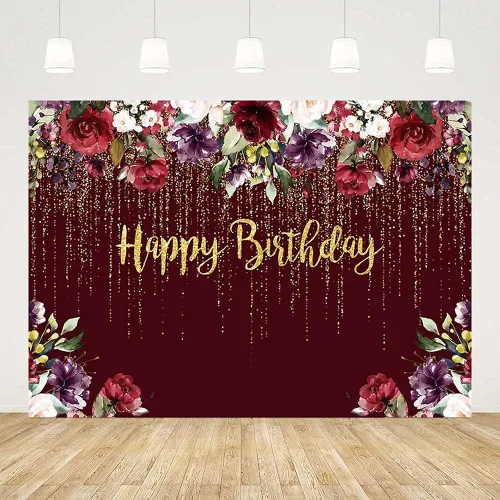 Telón de fondo dorado de 7 x 5 pies para mujer, niña, color burdeos, flores rojas y moradas, fondo de fotos, cuentas de goteo, decoración de fiesta,
