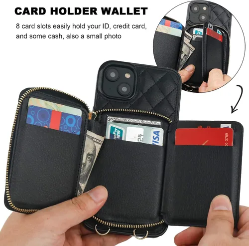 Vista 4 de Bocasal Funda tipo cartera cruzada para iPhone 14 Plus, bloqueo RFID, de piel sintética, con cremallera, funda tipo cartera con función atril y Negro