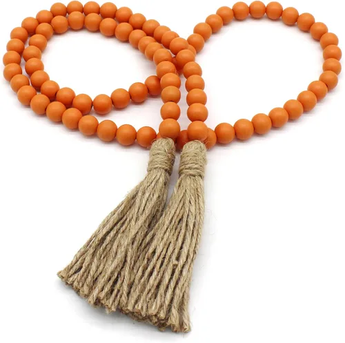 Vista 10 de CVHOMEDECO. Guirnalda de cuentas de madera con borlas, estilo rústico de granja, cadena de cuentas de oración para colgar en la pared, acento
