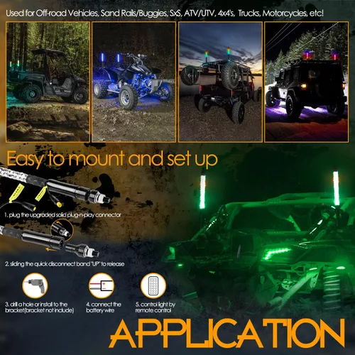 Vista 5 de Nirider 2PCS Luces LED Whip de 1 pie con Poste de Bandera Control Remoto Espiral RGB Luz de Persecución Todoterreno Antena Iluminada de Advertencia