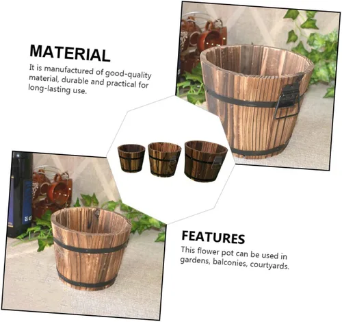 Vista 3 de Maceta de madera para suculentas, 3 piezas, macetas grandes para exteriores, macetas redondas rústicas, macetas de madera rústicas, macetas