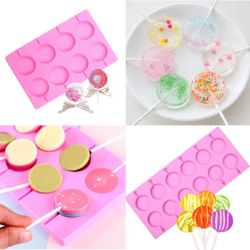 Vista 3 de Paquete de 3 moldes de silicona para piruletas con forma de remolino redondo con 50 palitos y bolsas de caramelo duro, herramienta para hornear