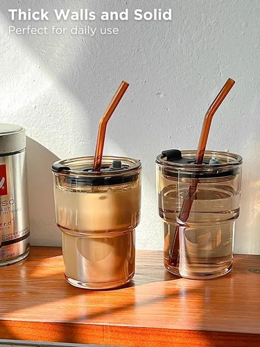 Vista 2 de Olvini Vaso de vidrio de 13 onzas con popote y tapa, vaso reutilizable para café helado, bonitas tazas de vidrio para agua, matcha, tazas de café