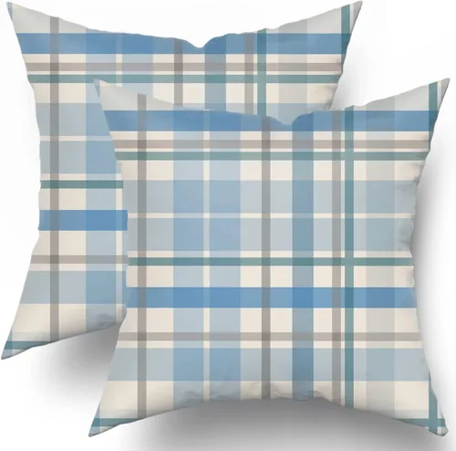 Juego de 2 fundas de almohada decorativas de color azul y verde azulado de 16 x 16 pulgadas, color azul claro, gris, búfalo a cuadros, para