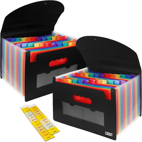 Paquete de 2 organizadores de archivos de acordeón, carpeta de archivos expansible de 24 bolsillos con cubierta expandible, caja de archivos tamaño
