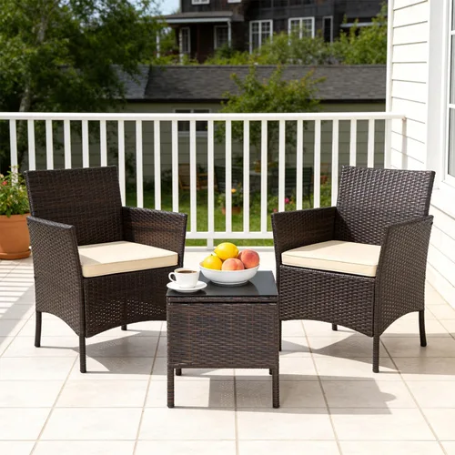 Vista 6 de FDW juego de muebles de patio para exteriores, juego de 3 piezas de mimbre para patio, para cafetería, silla de ratán, juego informal con mesa