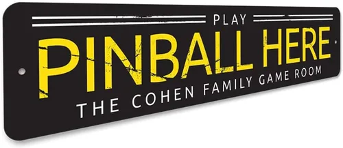 Vista 3 de Play Pinball Here - Letrero de aluminio para sala de juegos, nombre familiar, 3 x 13 pulgadas