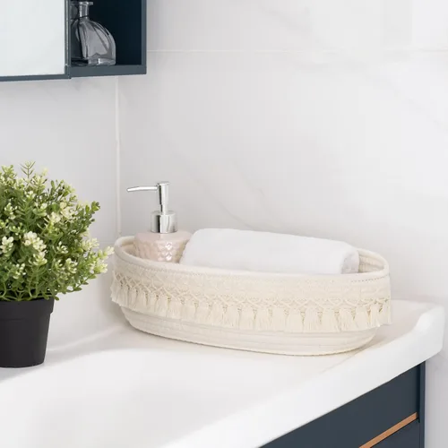 Vista 5 de Dahey Cesta pequeña tejida de macramé y cuerda de algodón decorativa de macramé, decoración bohemia para guardería, juguetes de bebé, manta