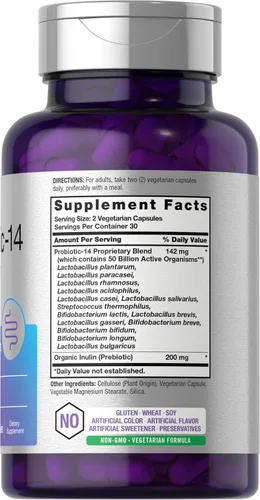 Vista 2 de Horbaach Probióticos para mujeres y hombres 60 cápsulas 14 cepas probióticas con prebióticos 50 mil millones de organismos activos