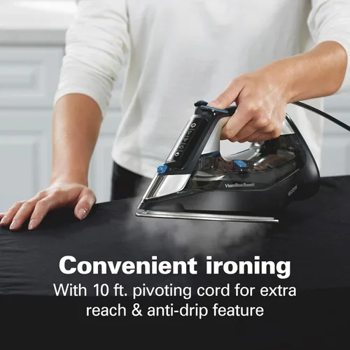Vista 7 de Hamilton Beach Plancha de vapor para ropa y prendas de vestir con panel táctil intuitivo FabricIQ, suela de acero inoxidable duradera, apagado
