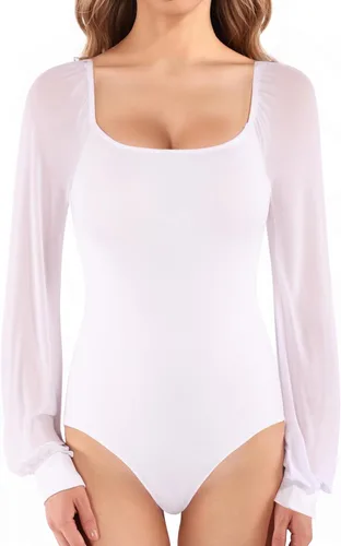 Vista 2 de MANGOPOP Traje de cuerpo de manga larga con cuello cuadrado, holgado, de malla, para mujer