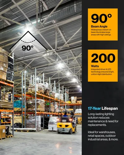 Vista 5 de Sunco UFO - Luz LED de alta bahía para almacén, 5000 K, 200 W, 29000 LM, 100-277 V, regulable 0-10 V, IP65 impermeable resistente a la intemperie