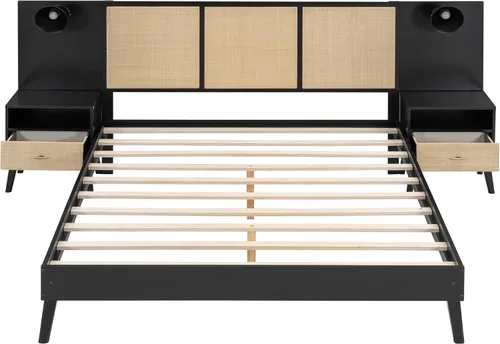 Vista 5 de Harper & Bright Designs Cama de plataforma tamaño Queen con 2 mesitas de noche y 2 lámparas, cama Queen de madera con cabecero, combinación de ratán