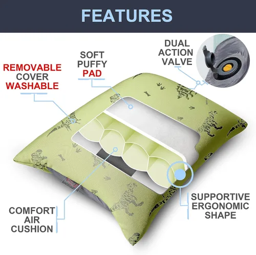Vista 2 de X-Foam Kids - Almohada inflable para acampar con funda de espuma extraíble para niños Dinosaurio Cómodo, lavable, ultraligero y portátil