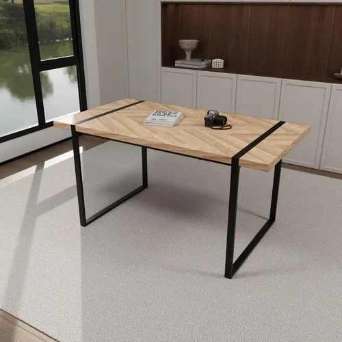 Vista 7 de 59" Light Wood Dining Table and Dining Chair Set of 4 s, Wooden Kitchen Dining Table Set, Black Rectangular Metal Base, Dining Table and Suede Chair