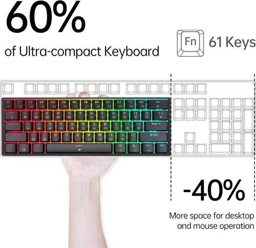 Vista 2 de DIERYA DK61E Teclado mecánico para juegos con cable al 60%, tecla PBT, retroiluminación RGB, teclas completas anti-fantasma, USB C desmontable