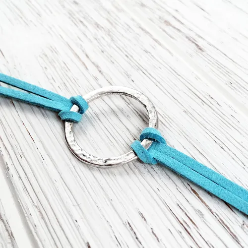 Vista 3 de April Sexual Assualt Awareness SAAM, Reversible NO MORE Stamped Sterling Silver Infinity Circle Wrap Bracelet, Aqua Teal Adjustable Faux Suede