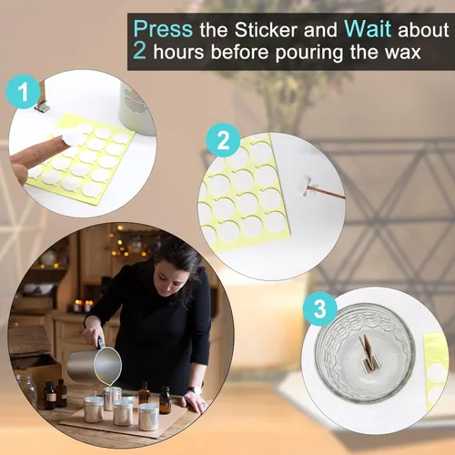 Vista 2 de Kit de 240 piezas de fabricación de velas, calcomanías de mecha de vela, suministros para hacer velas, calcomanías de doble cara con la pequeña