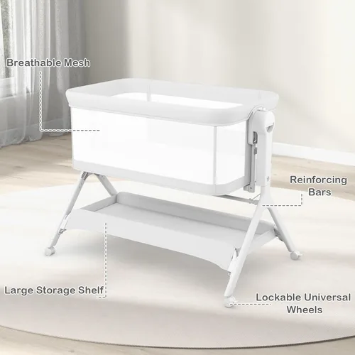 Vista 9 de INFANS Cuna de bebé 5 en 1, cama mecedora mejorada con ruedas, cesta de almacenamiento, bolsa de viaje, mosquitera, altura ajustable, cuna portátil