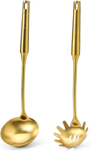 Juego de cucharón de sopa dorado y cuchara de espagueti, cuchara de sopa de acero inoxidable 18/10, colador de pasta, utensilios de cocina de 13.8