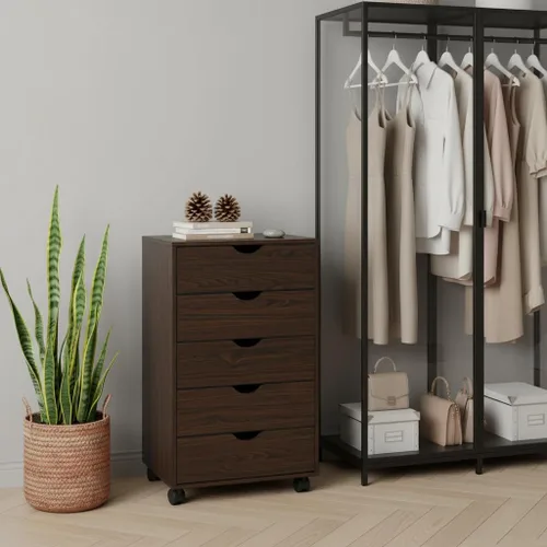 Vista 227 de Naomi Home Cómoda de 5 cajones para dormitorio, alta y elegante, con ruedas y estantes de almacenamiento, pequeña para guardarropa, para maquillaje
