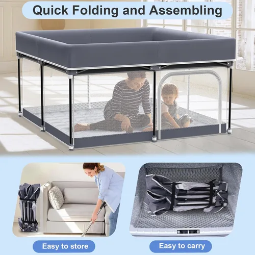 Vista 3 de Corralito plegable para bebés con alfombra, corralito de 50 x 50 pulgadas para bebés y niños pequeños, corralito para bebé con puerta, transpirable