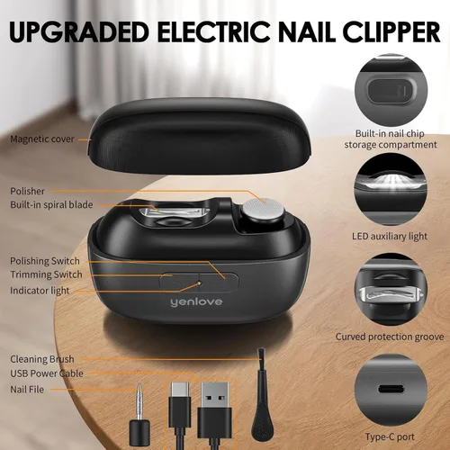 Vista 3 de Cortaúñas eléctrico, recortador de uñas eléctrico automático con luz, 2 velocidades, cubierta magnética, almacenamiento de restos de uñas