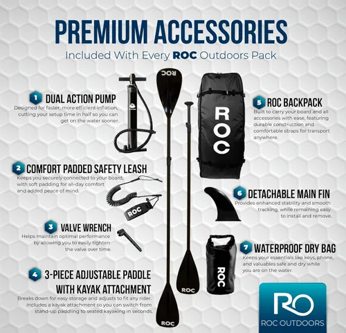 Vista 5 de Roc Tabla de remo inflable con accesorios de tabla de remo de SUP de alta calidad, diseño amplio y estable, cubierta antideslizante y cómoda