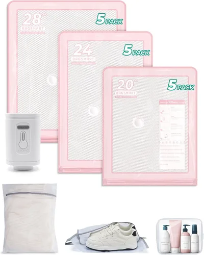Vista 13 de BAGSMART Bolsas de almacenamiento al vacío con bomba portátil, bolsas de ahorro de espacio de viaje para ropa, bolsas de compresión resistentes