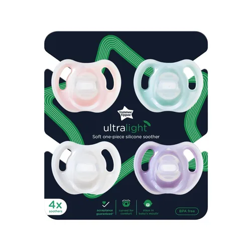 Vista 8 de Tommee Tippee - Chupete de silicona ultra ligero, 0-6 meses, diseño simétrico de una pieza, chupetes libres de BPA, rosa/morado/verde, paquete de 4